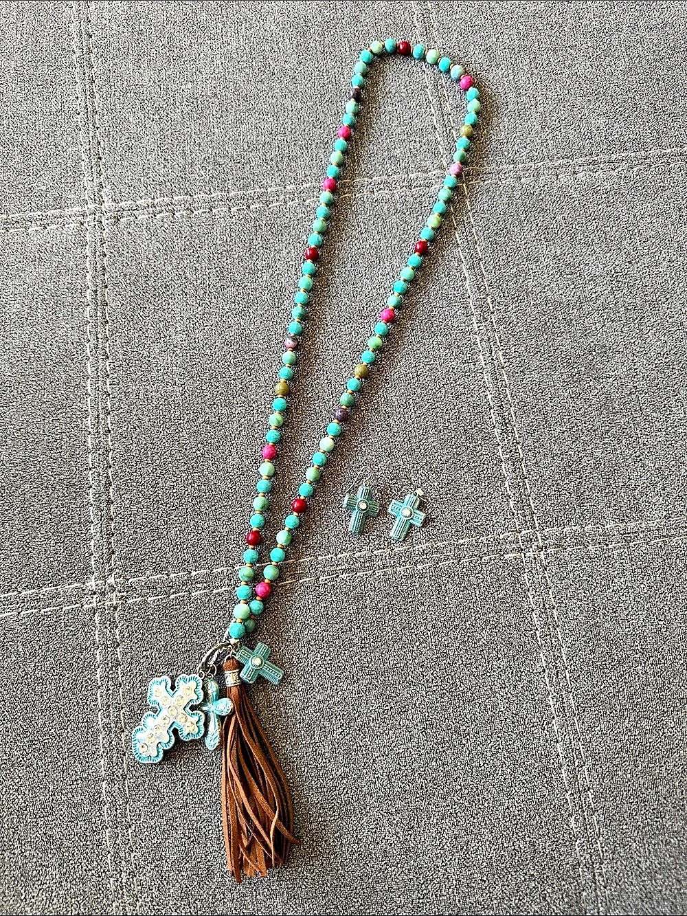Beaded Tassel Necklace in Brown & Turquoise with earrings Like New